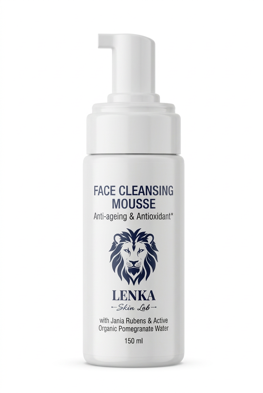 LENKA SKIN LAB Face Cleansing Mousse 150 ml, white pump bottle with navy lettering, close-up on white background