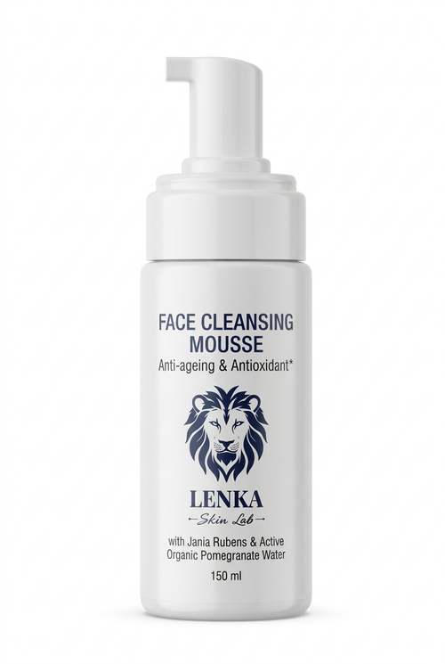LENKA SKIN LAB Face Cleansing Mousse 150 ml, white pump bottle with navy lettering, close-up on white background