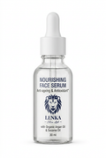 LENKA SKIN LAB Nourishing Face Serum 30 ml, clear glass bottle with white dropper, close-up on white background