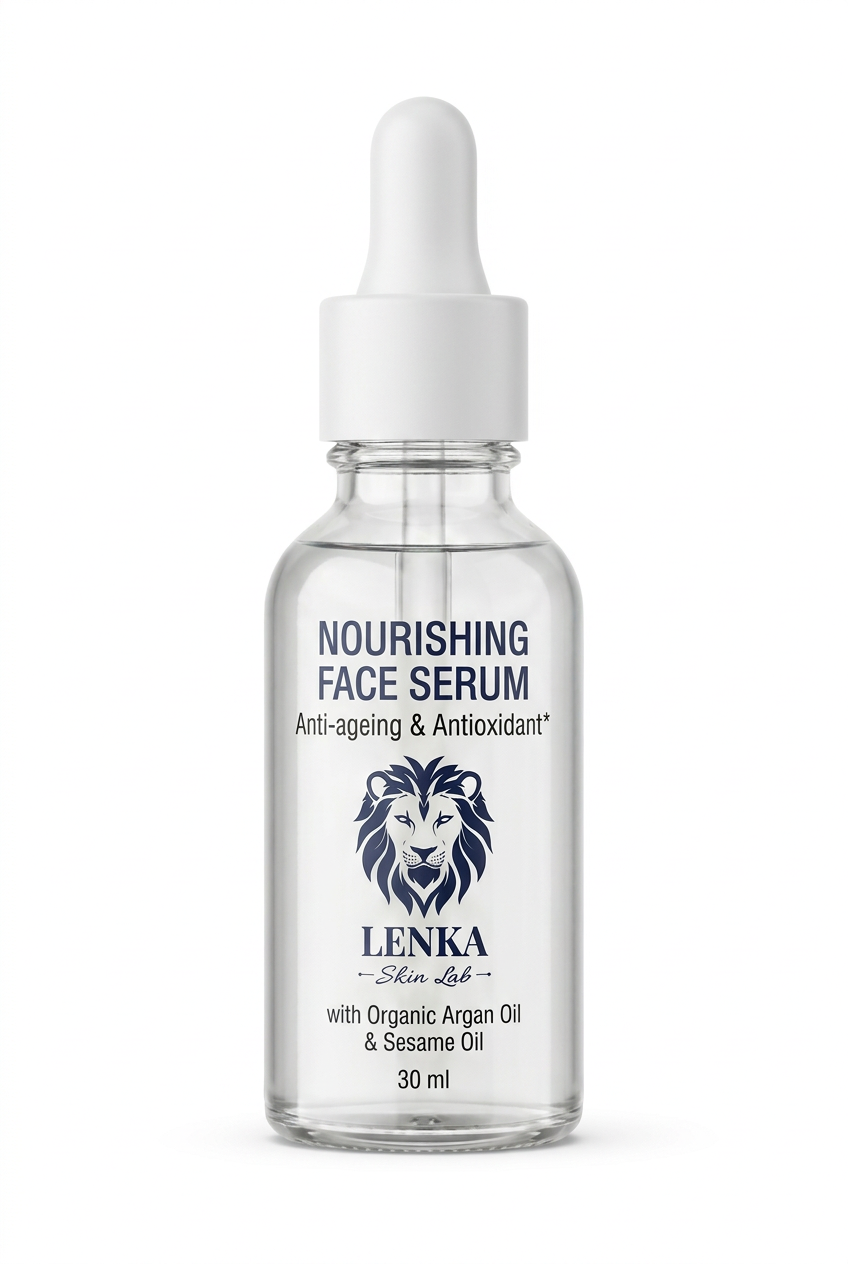 LENKA SKIN LAB Nourishing Face Serum 30 ml, clear glass bottle with white dropper, close-up on white background