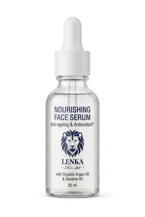 LENKA SKIN LAB Nourishing Face Serum 30 ml, clear glass bottle with white dropper, close-up on white background