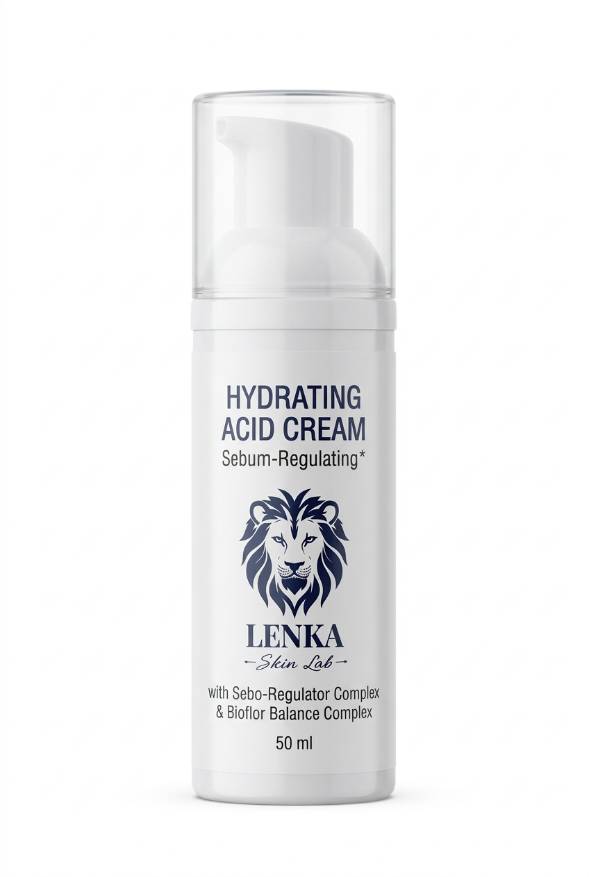 LENKA SKIN LAB Hydrating Acid Cream 50 ml, white pump bottle with clear cap, close-up on white background