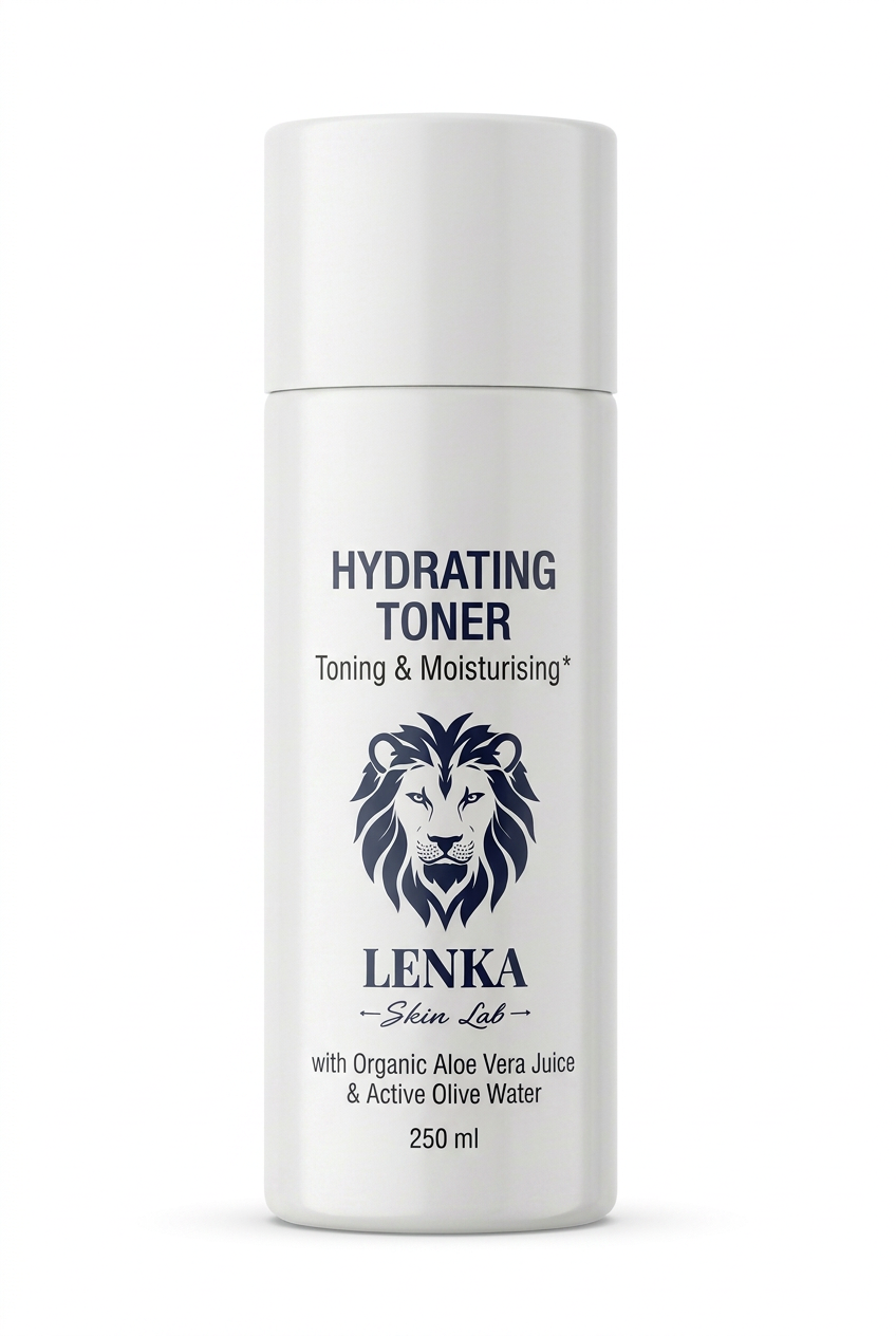 LENKA SKIN LAB Hydrating Toner 250 ml, white bottle with navy blue lettering, close-up on white background